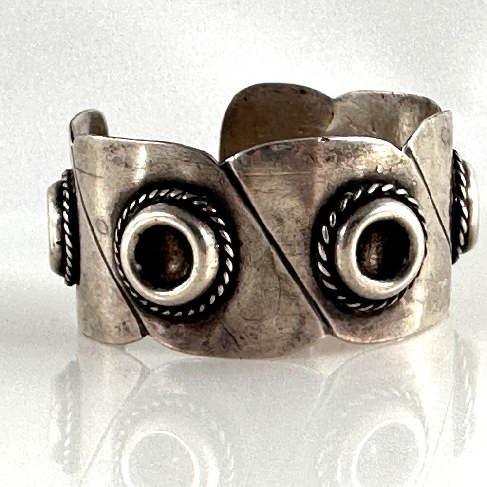 Vintage Taxco Mexico Sterling Silver Ball Ribbon Cuff Bangle Bracelet 44.7g